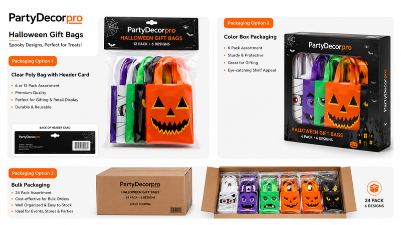 Halloween Gift Bags Packaging Options Including Header Card Poly Bag Retail Color Box and Bulk Carton Packaging for Wholesale and Custom Branding