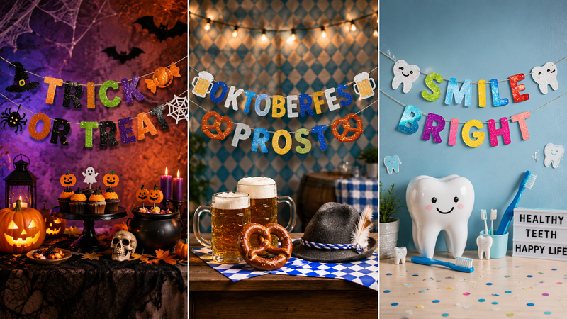 Custom glitter banner design concepts featuring Halloween Party, Oktoberfest, and Dental Health themes with festive decorations, themed backgrounds, and premium glitter lettering