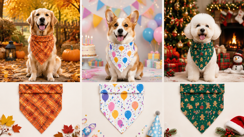 Halloween themed dog bandanas collage with pumpkin ghost patterns and festive pet scarves for pets