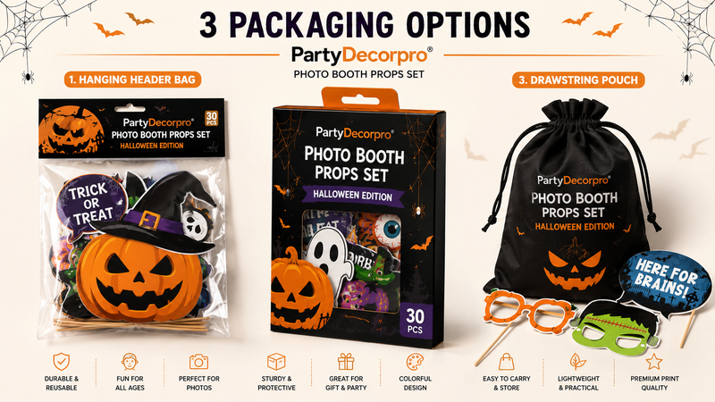 Halloween photo booth props packaging solutions featuring header card OPP bag, printed color box, and drawstring pouch with customizable branding and retail-ready presentation
