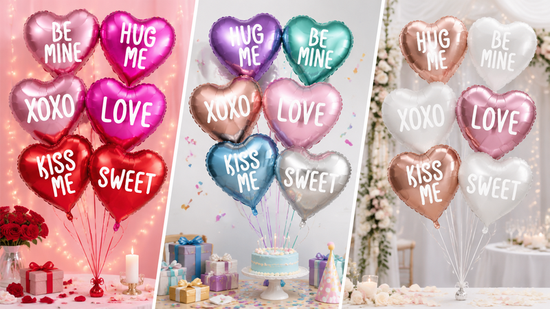 Custom heart shaped foil balloon sets with romantic message designs for party decorations