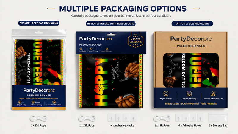 Custom packaging solutions for holiday party banners featuring resealable poly bag, header card packaging, and retail box packaging for branded wholesale presentation