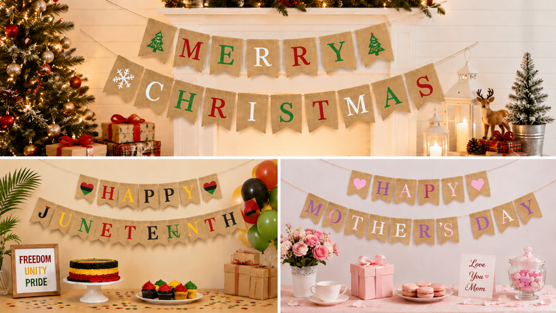 Custom Burlap Letter Banner Collection Featuring Christmas, Juneteenth and Mother's Day Party Decorations with Colorful Letter Designs