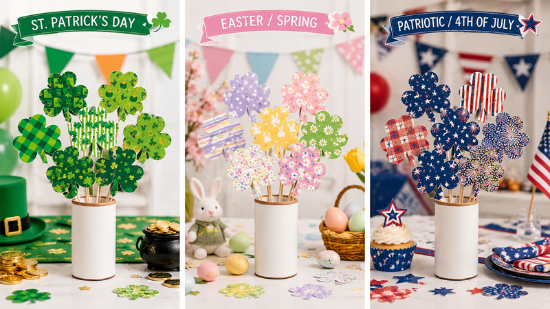 Holiday themed decorative party picks with custom printed cardstock designs and wooden sticks for seasonal table centerpieces