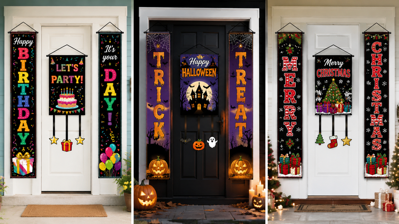 customizable holiday door banner decorations featuring Birthday, Halloween, and Christmas themes with coordinated hanging signs and festive graphics