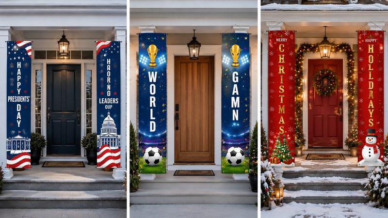Custom Double Porch Banner Set Featuring Presidents' Day, World Cup and Christmas Themes for Seasonal Party and Home Decorations