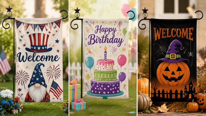 Custom holiday garden flags with birthday, patriotic and Halloween themed designs for outdoor decoration
