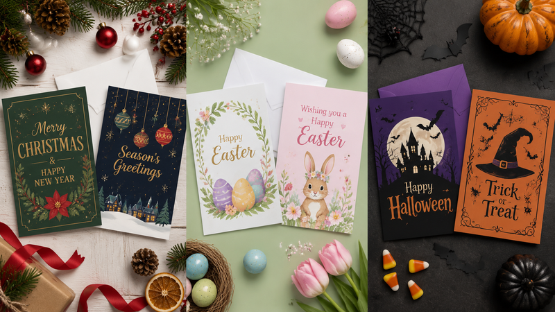 Custom holiday greeting cards with festive designs and envelopes for seasonal gifts and wholesale supply