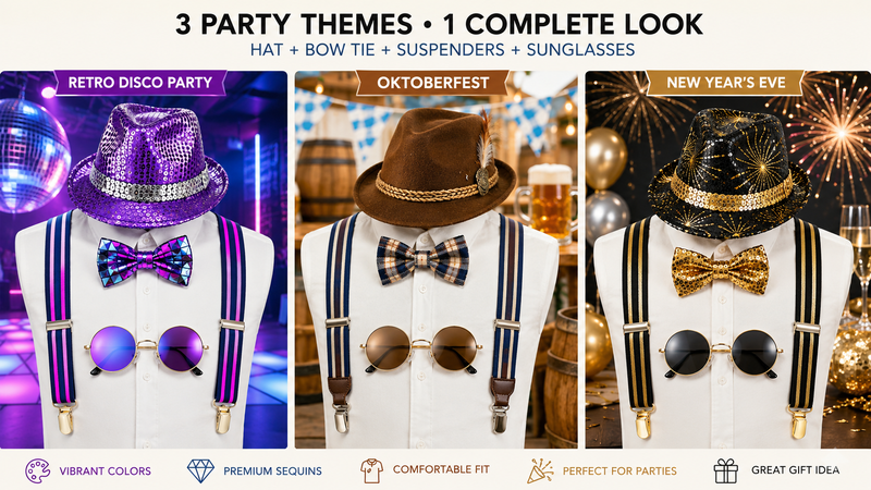 Custom Party Accessory Set Featuring Disco, Oktoberfest and New Year Theme Designs