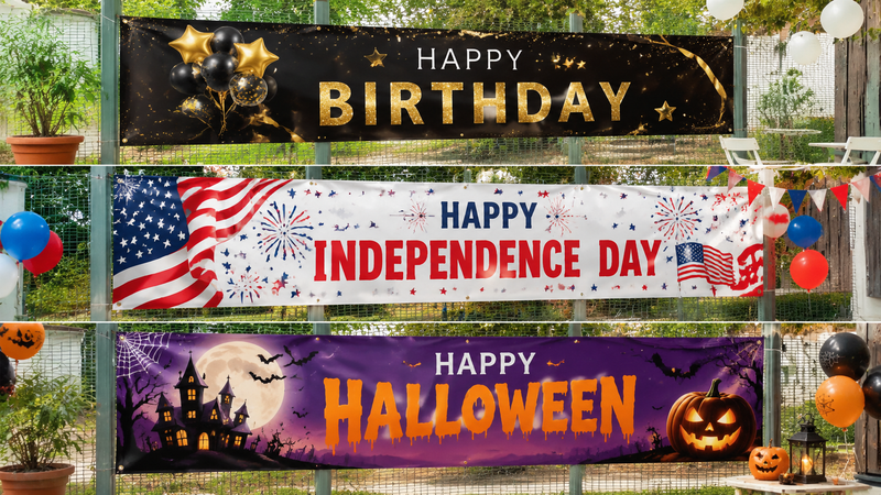 Customizable festive and party banners in durable printed fabric, versatile packaging options.