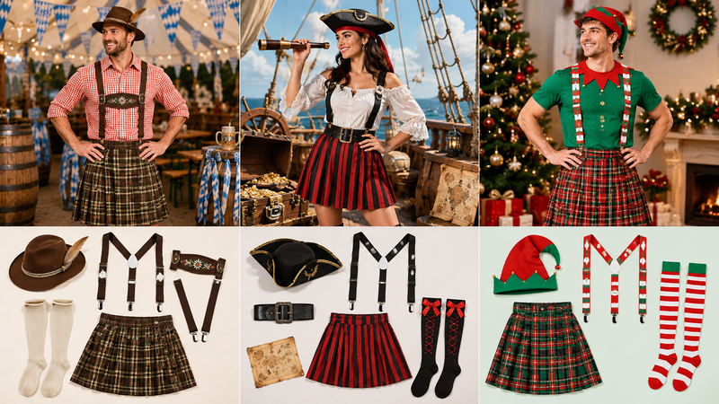 Custom Festival Costume Collection Featuring Oktoberfest Pirate and Christmas Themes