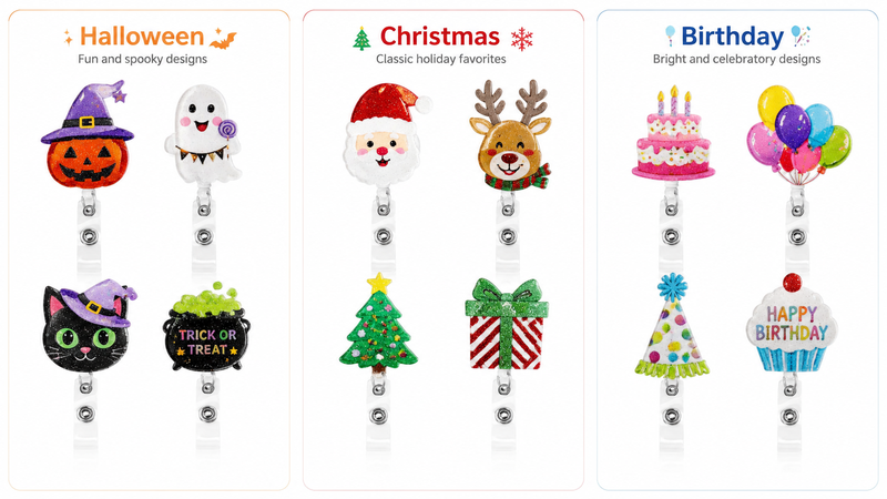 Easter, Halloween, Birthday themed colorful metal pinback buttons with glitter accents