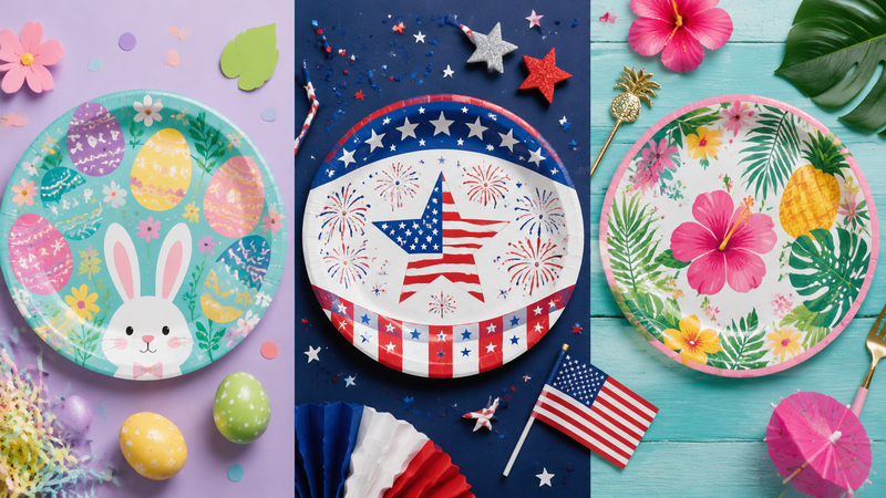 Custom themed party paper plates with Easter, patriotic and tropical holiday designs for wholesale events