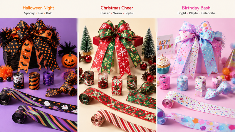 Custom Wire Edge Ribbon Collection Featuring Halloween, Christmas and Birthday Party Themes with Decorative Bows and Printed Woven Ribbon Designs