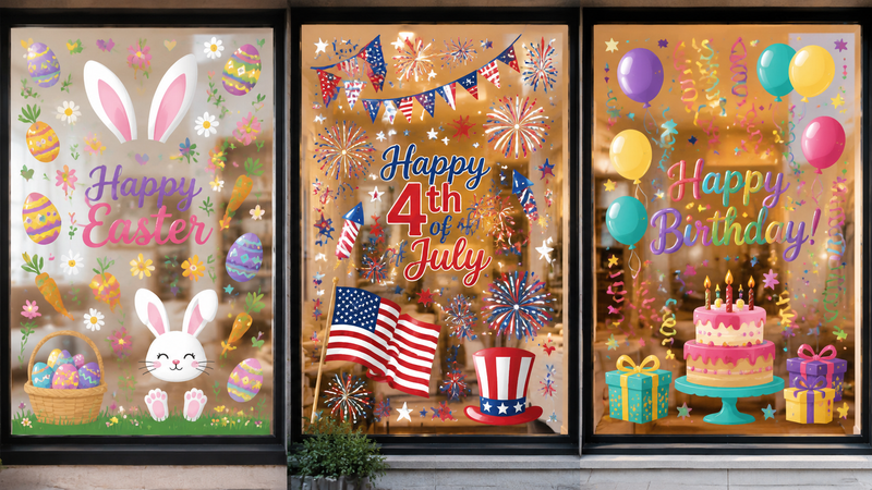 Custom festive window clings with colorful holiday party designs for retail decoration and event displays