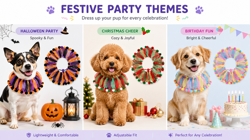 Custom holiday-themed pet ruffle collars featuring Halloween, Christmas, and birthday party designs with colorful mesh fabric, pom-pom trim, adjustable fit, and festive styling for dogs