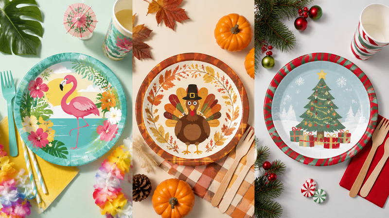 Custom holiday tabletop decorations with tropical, Thanksgiving and Christmas themed designs for party table settings