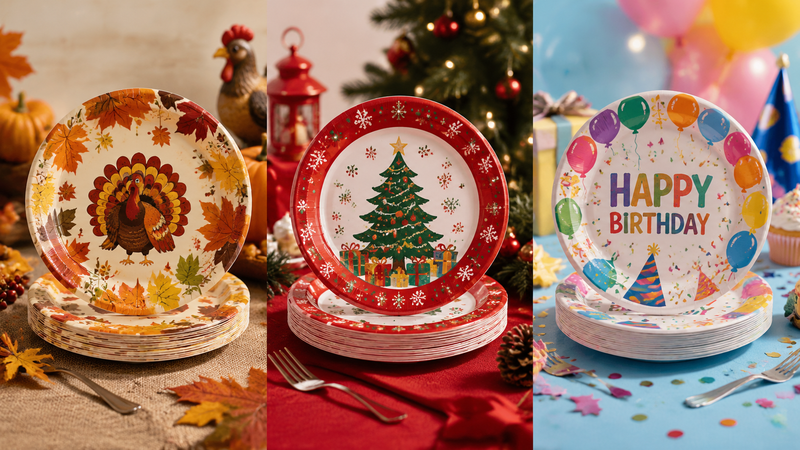 Custom festive disposable party plates with Thanksgiving Christmas and birthday themed designs for wholesale events