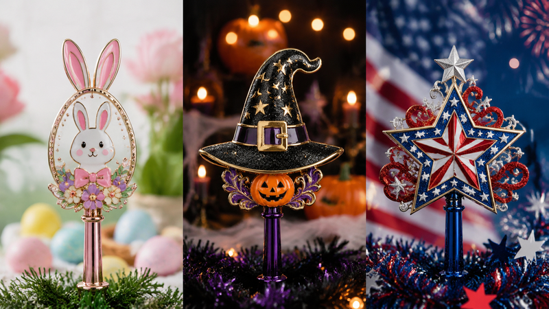 Custom holiday Christmas tree toppers with Easter, Halloween and patriotic themed designs for seasonal decoration Title