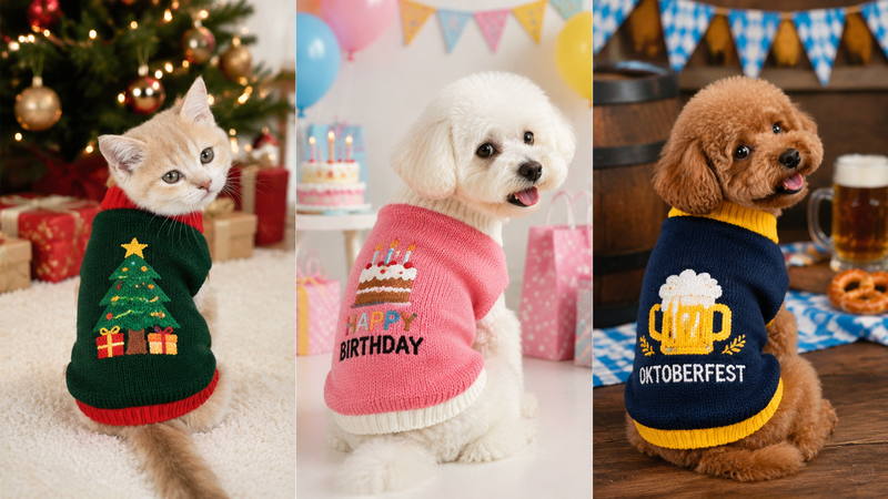 Triptych of pet knit sweaters in Christmas, birthday and Oktoberfest themed designs for dogs and cats