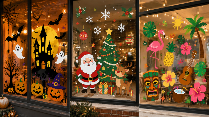 Custom holiday themed PVC window clings for Halloween Christmas and tropical party decorations with colorful seasonal designs