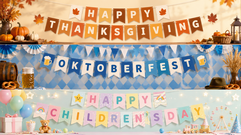 Festive themed banners for Thanksgiving, Oktoberfest, and Children's Day with colorful designs and props.