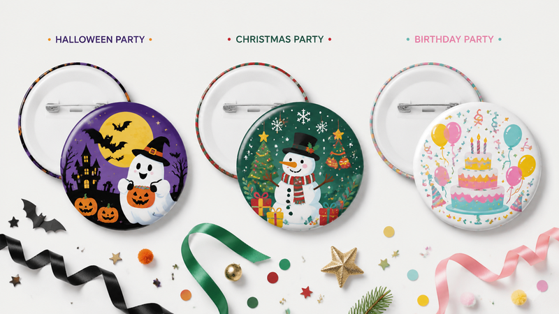 Custom festive button pins featuring Halloween, Christmas, and birthday party themes with colorful printed designs and metal pin backs for wholesale party supplies