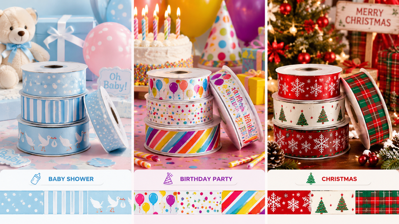 Custom Themed Grosgrain Ribbon Rolls for Baby Shower Birthday Party and Christmas Decorations