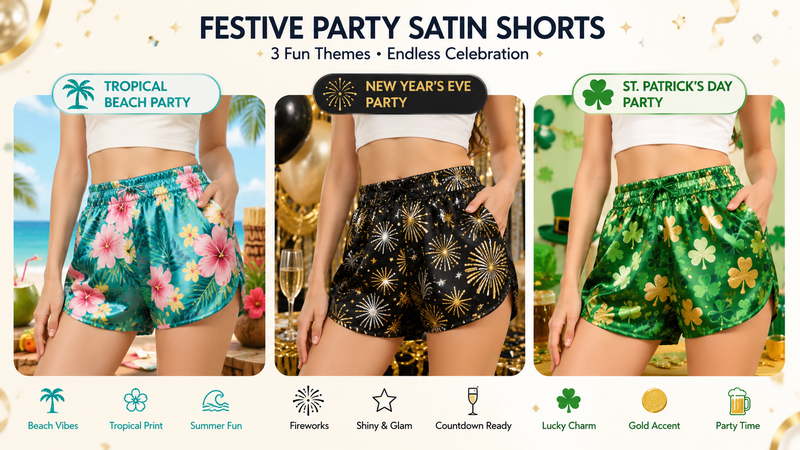 Custom Themed Satin Party Shorts Featuring Tropical Beach, New Year Celebration and St. Patrick's Day Designs