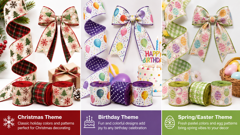 Custom themed wired-edge decorative ribbons featuring Christmas, Birthday, and Easter designs with matching bows and festive decoration applications