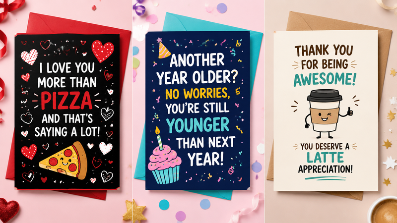 Custom humorous greeting cards with playful designs and colorful illustrations for wholesale supply