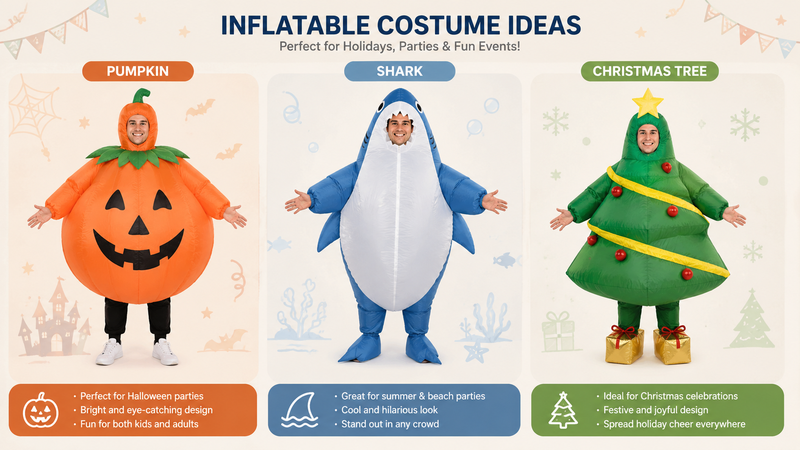 Custom inflatable costume designs featuring pumpkin, shark, and Christmas tree themes for holiday parties and themed events