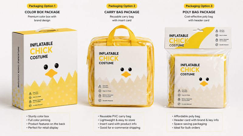 Custom inflatable costume packaging solutions with color box, clear carry bag, and header card poly bag options