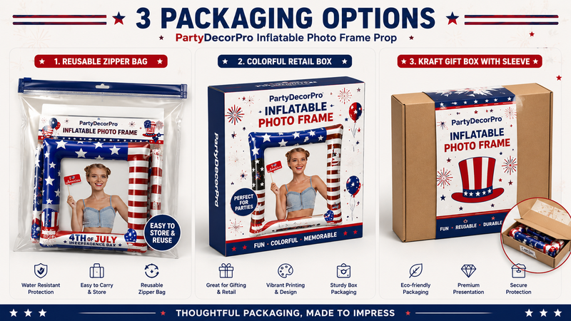Inflatable photo frame prop packaging options featuring reusable zipper bag, printed retail box, and kraft gift box with customizable branding and packaging solutions