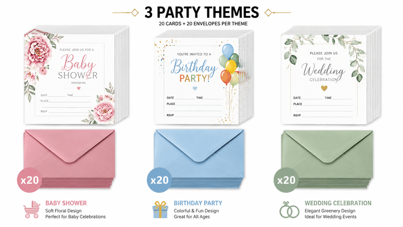 Custom invitation card packaging solutions featuring baby shower, birthday party, and wedding celebration themes with matching envelopes and branded retail presentation