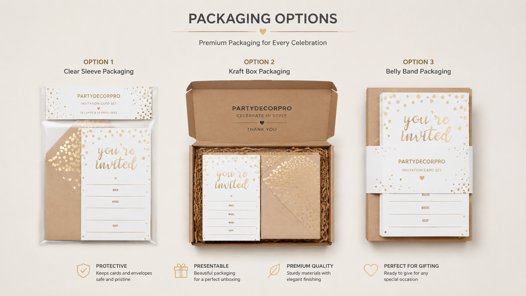 Custom invitation card packaging options featuring clear sleeve packaging, kraft gift box packaging, and belly band packaging with branded presentation solutions