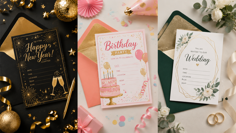 Custom New Year and party invitation cards with premium paper designs and matching envelopes for wholesale supply