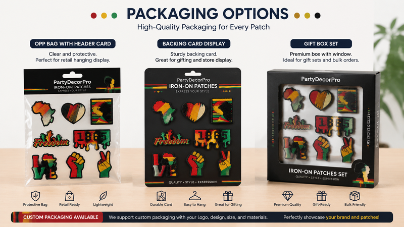 Iron-on patch packaging options including OPP bag backing card and gift box with custom branding