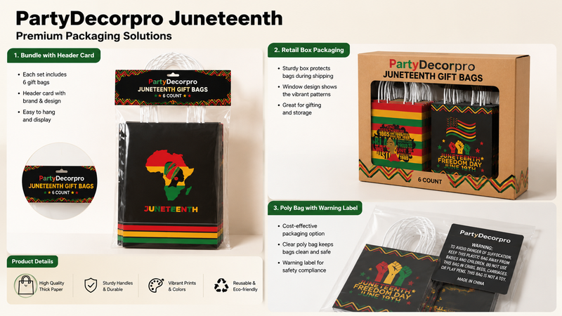 Juneteenth gift bag packaging solutions featuring header card poly bag, window display box, and clear retail packaging options with customizable branding and premium presentation