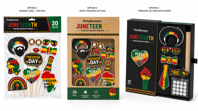 Juneteenth photo booth props packaging showcase featuring header card bag, kraft window box, and drawer gift box with custom branding options