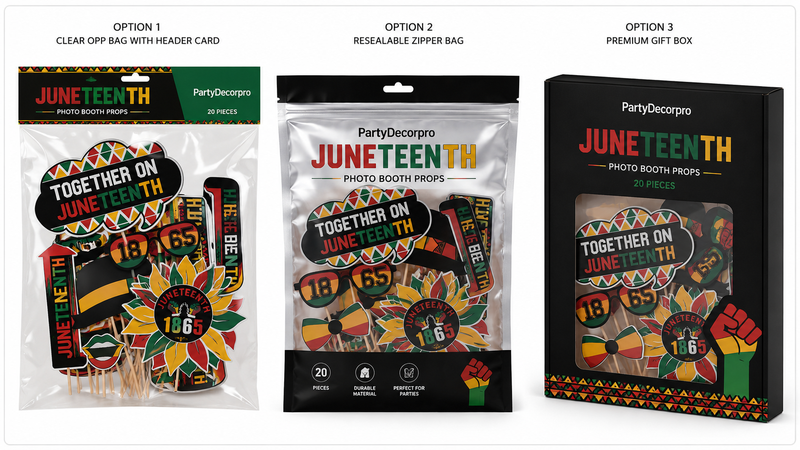 Juneteenth photo booth props packaging options featuring header card OPP bag, resealable zipper pouch, and window gift box with customizable branding solutions