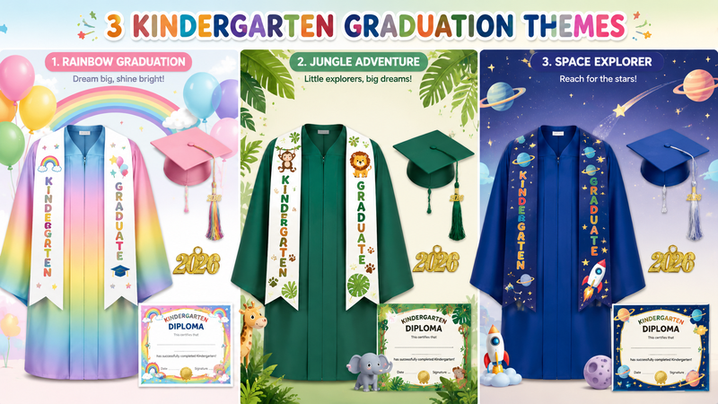 Kindergarten graduation gown sets with rainbow, jungle adventure, and space explorer themes featuring colorful robes, matching caps, custom stoles, tassels, and diplomas