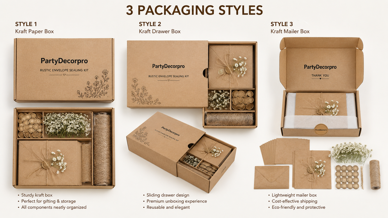 Custom Packaging Solutions for Rustic Kraft Envelope Sealing Kits Featuring Gift Box, Drawer Box and Mailer Box Designs