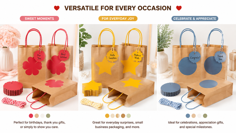 Kraft paper gift bags with heart tags and red handles, customizable packaging set