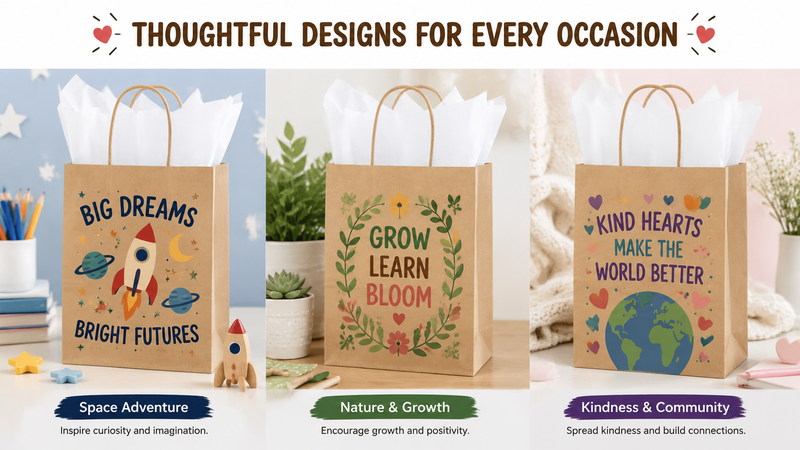 Kraft paper gift bags with rainbow and inspirational multi-theme designs, customizable eco packaging set