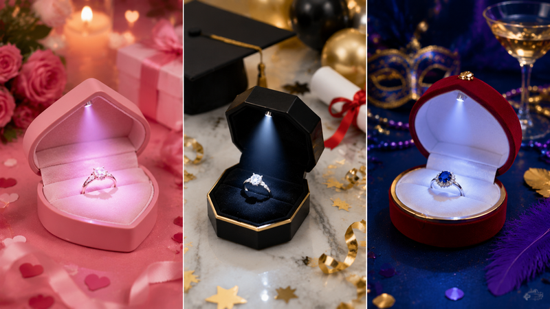 Custom LED illuminated ring boxes in various colors and shapes for wedding jewelry display and wholesale packaging
