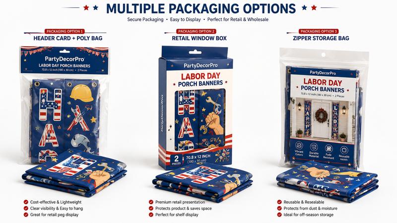 Custom packaging solutions for Labor Day porch banner sets including header card bags, window boxes, and reusable storage pouches for retail and wholesale distribution.