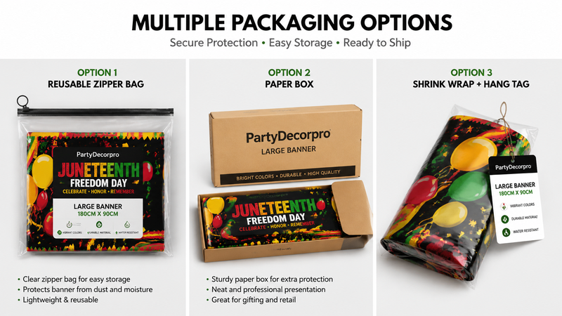 Three large banner packaging options including reusable zipper bag, kraft paper box, and shrink wrap with hang tag, displayed on clean white background