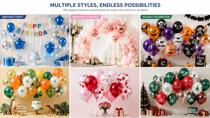 Customizable latex balloon collections with various colors, prints and themed designs for birthday, wedding and holiday party decorations