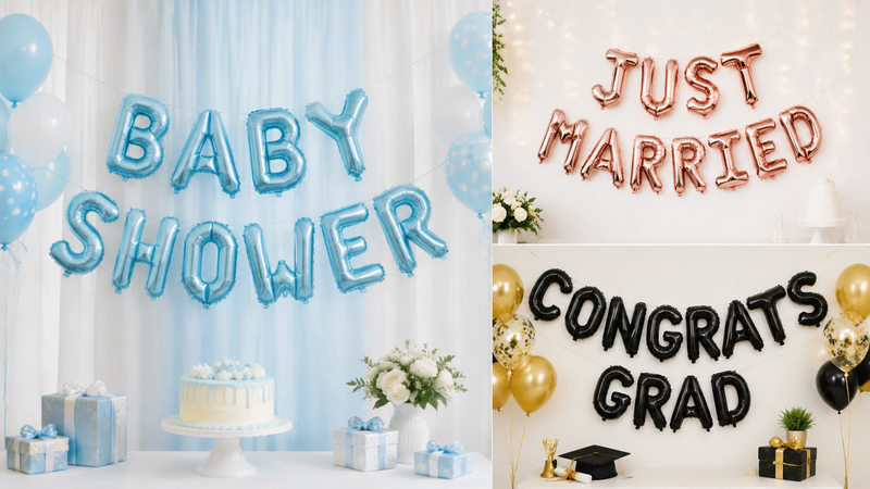 Custom metallic foil letter balloons for birthday, wedding and graduation party decorations in multiple themes